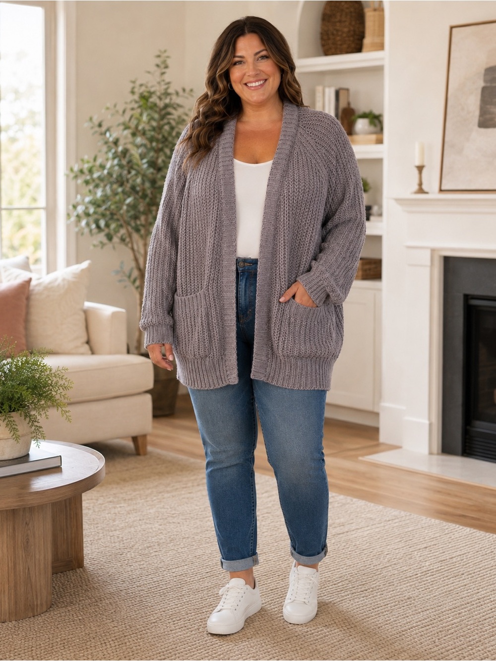 POL Cozy Chunky Knit Open-Front Cardigan - Gray